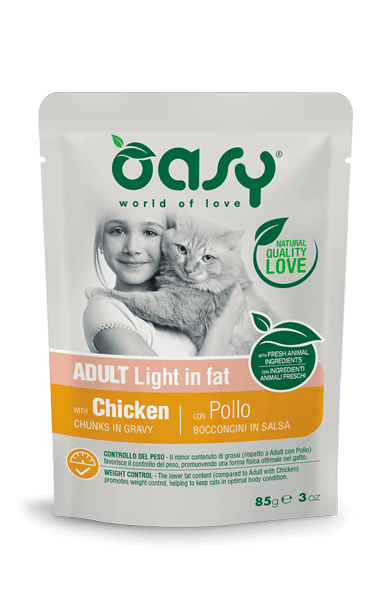 Oasy bocconcini in salsa gatto adulto 85g pollo light, bustina singola per controllo del peso Oasy bocconcini in salsa gatto adulto 85g pollo light, bustina singola per controllo del peso